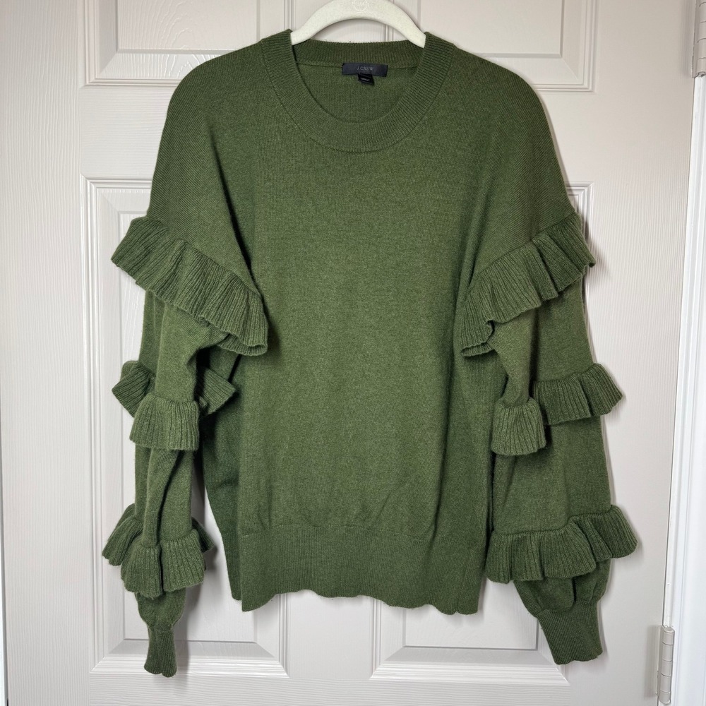 J.Crew Olive Green Wool Blend Tiered Ruffle Sleeve Crewneck Sweater Medium